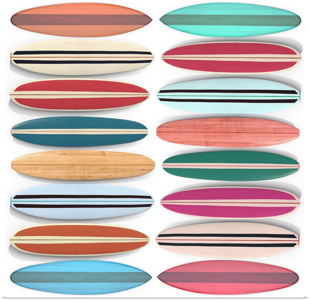 Pattern of colorful surfboards, square format.