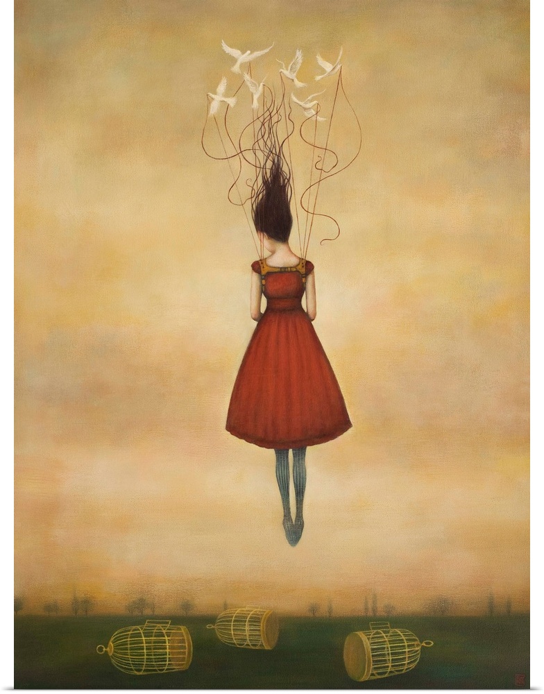 Contemporary surreal artwork of a woman floating in the air in a red dress with birdcages below.