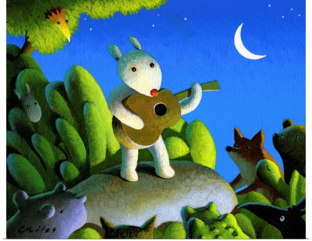 Whimsical painting of a rabbit performing with his guitar in the woods while other wild animals in the audience watch.