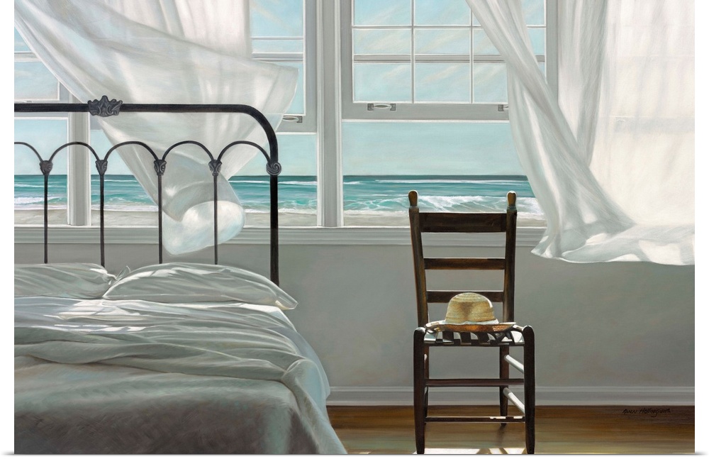 Contemporary still life painting of a bed and a chair next to an open window with a white curtain and the beach outside.