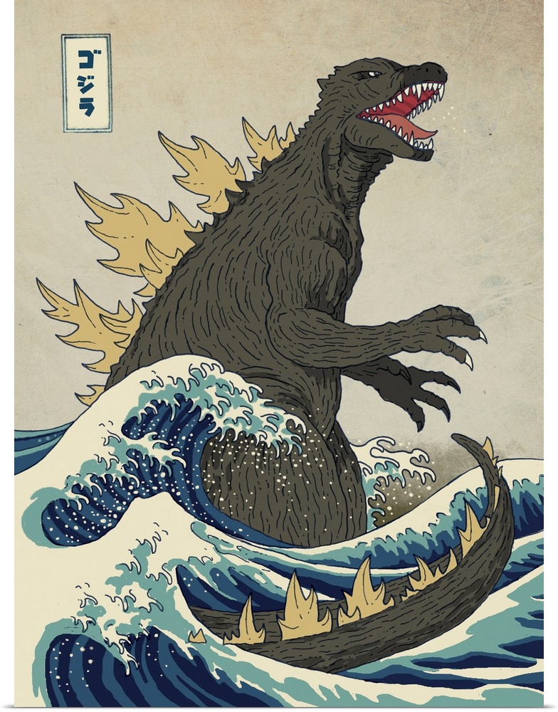 A digital illustration of Godzilla in the style of The Great Wave off Kanagawa.