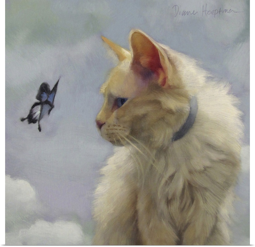 Contemporary painting of a white cat looking at a butterfly.