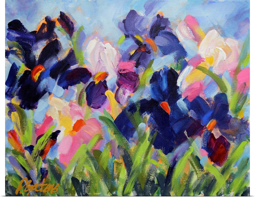 A horizontal abstract painting of irises in colors of purple and white.