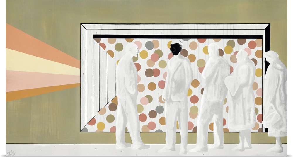 A modern contemporary painting of a group of people standing in a line.