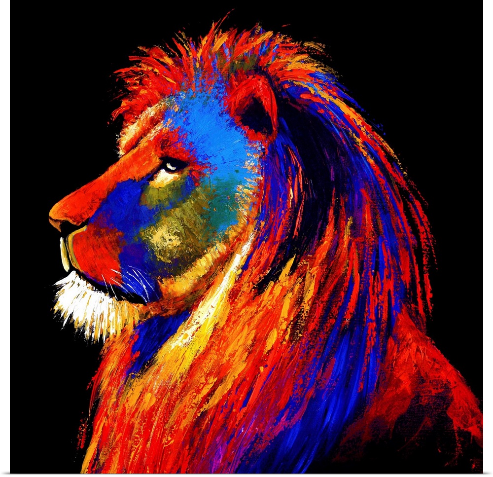 A painting of a lion in vibrant warm colors of red, yellow and blue.
