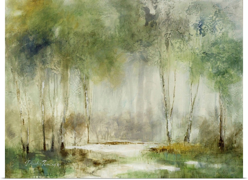 Abstract landscape painting of a forest in muted green hues.