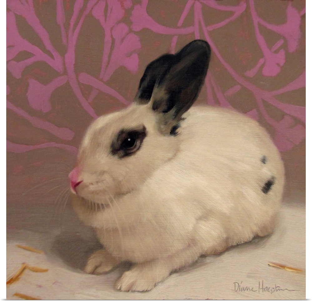 Contemporary painting of a white rabbit with black ears resting in front of a purple floral wall.