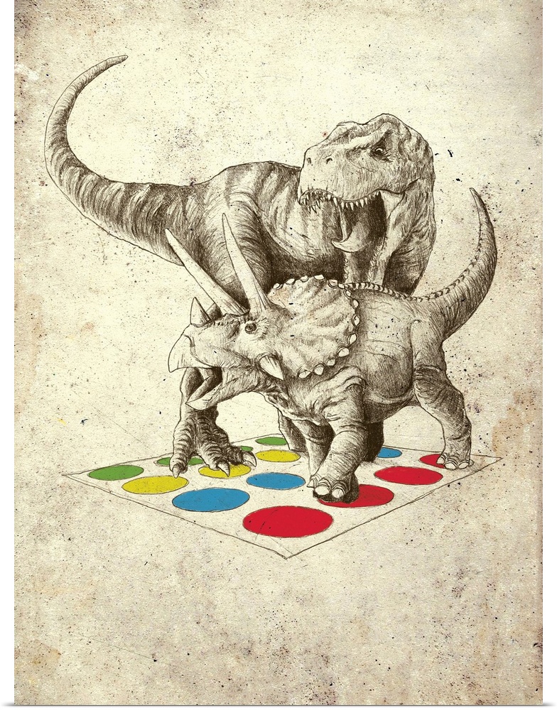 A digital illustration of dinosaurs playing the game Twister.