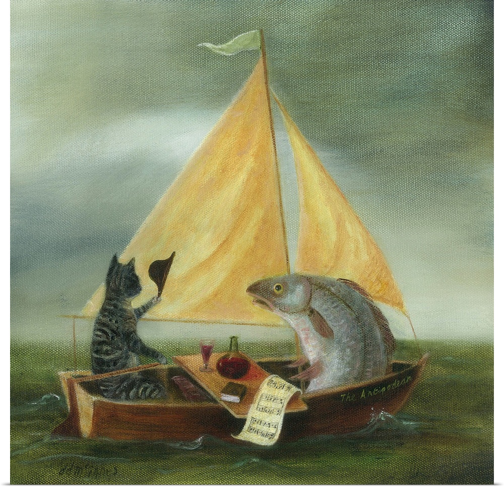 Whimsical artwork featuring a cat and fish sailing on the sea.