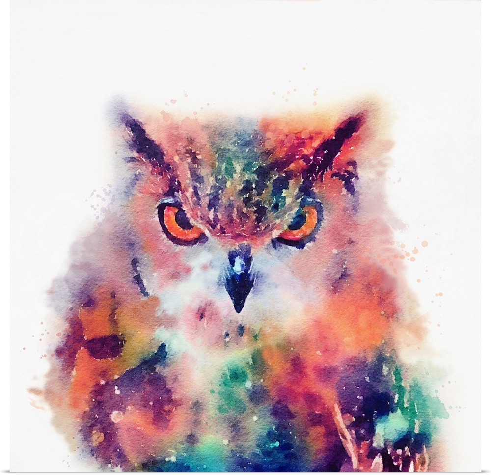 A watercolor painting of an owl in vivid multi-colors.