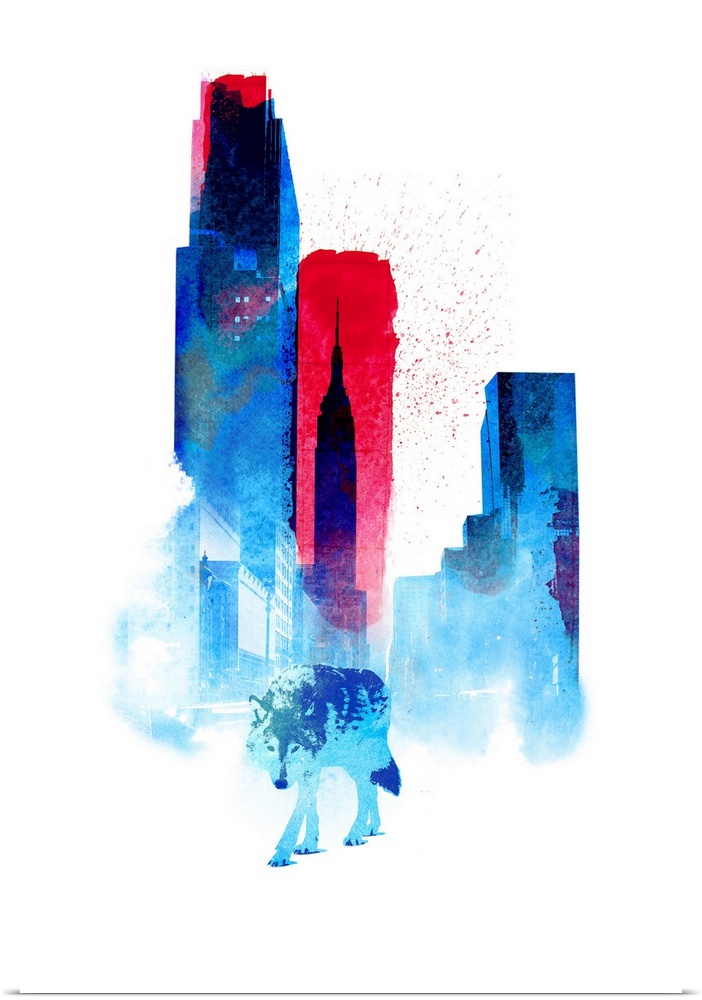 Decorative artwork of a watercolor scene with a wolf on the prowl in a city.