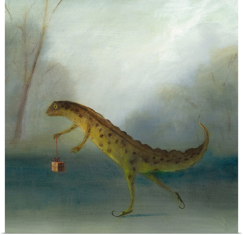 Whimsical artwork featuring a newt holding a present.