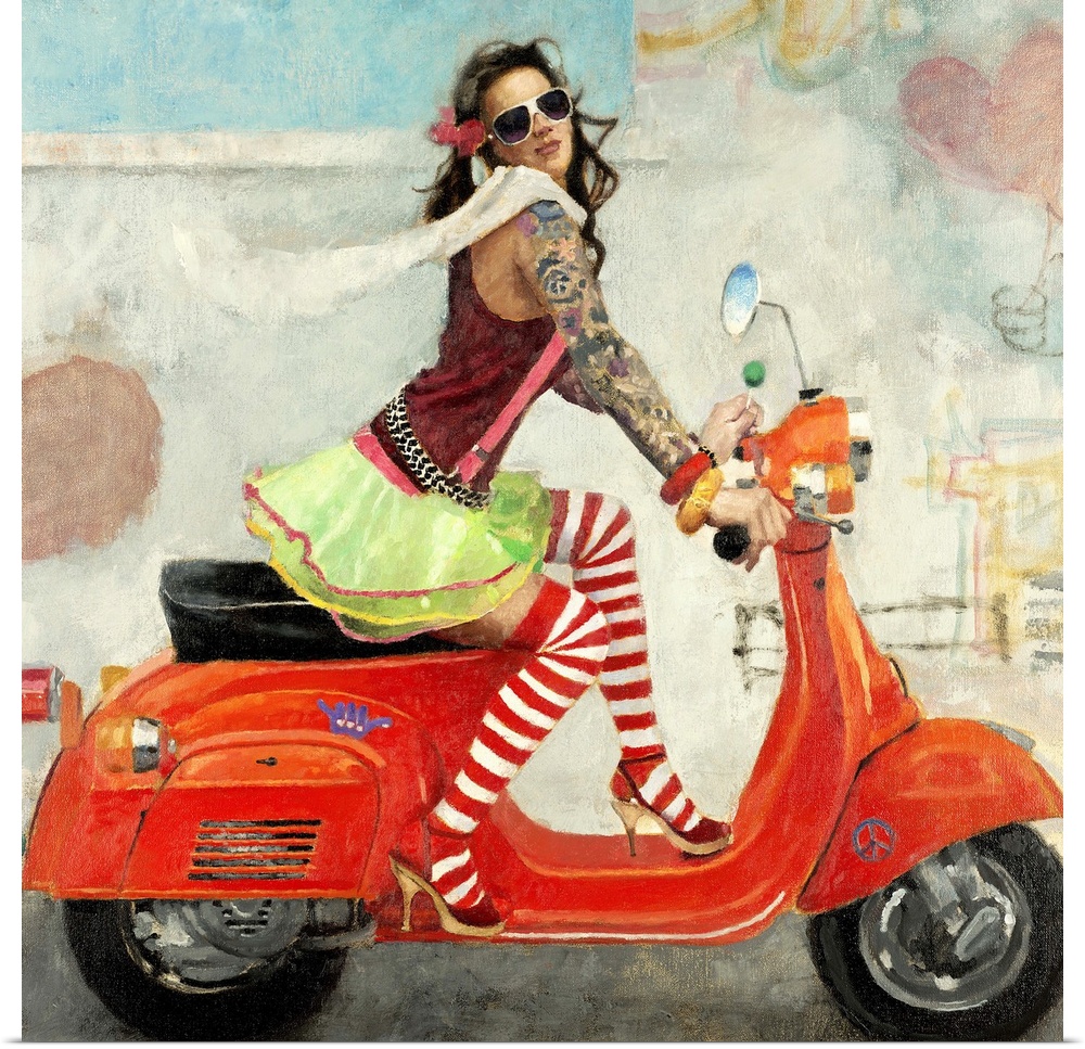 Contemporary artwork of a woman wearing mismatched clothing riding a bright red scooter.