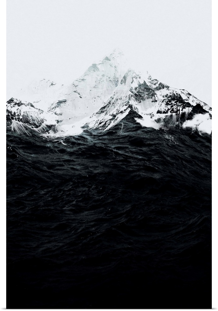 Double exposure artwork of a mountain peaks and ocean waves.