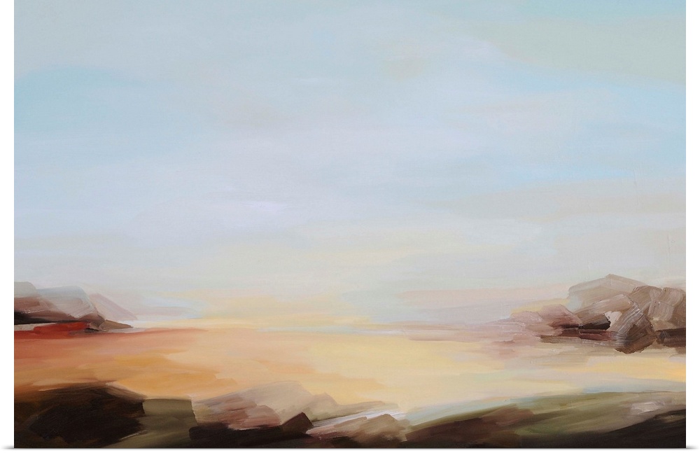A contemporary abstract painting of a landscape under a blue sky.
