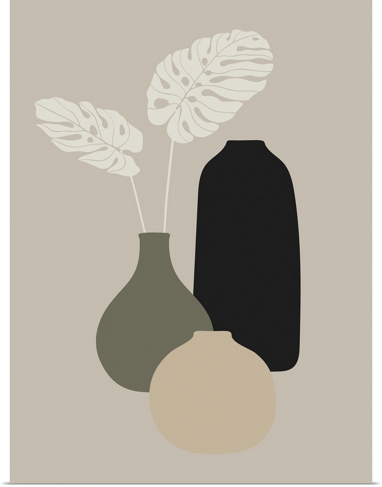 Vases and tropical leaves in neutral colors.