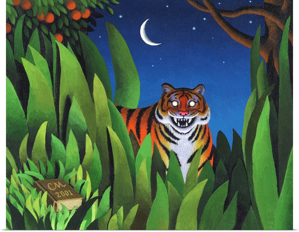 Whimsical painting of tiger in the jungle at night.