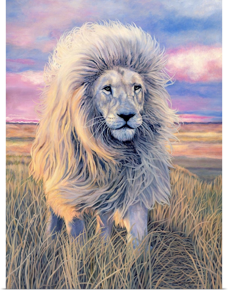 A painting in pastel colors of a majestic lion in a field.