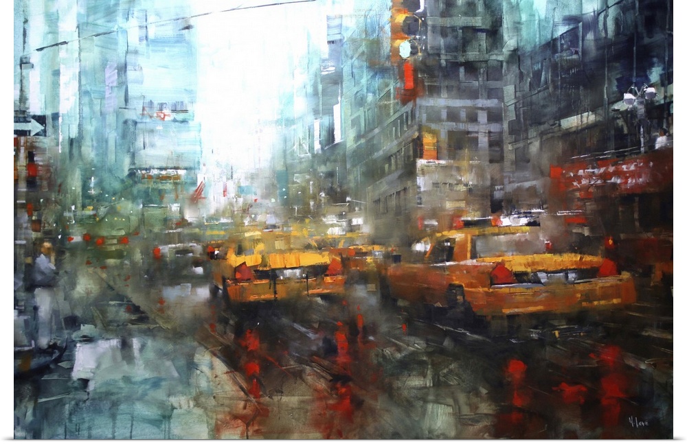 Contemporary painting of a bustling urban city street scene with cars and people.