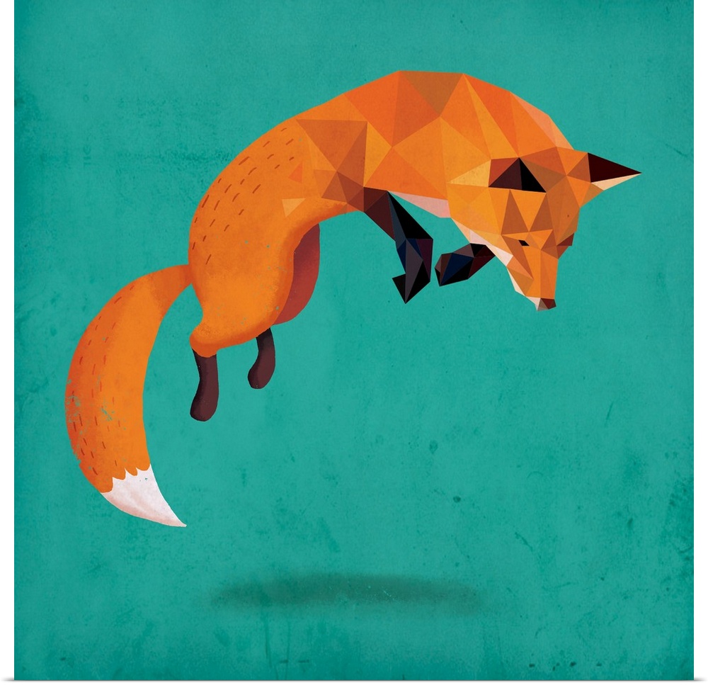 A digital illustration of a jumping fox on a teal background.