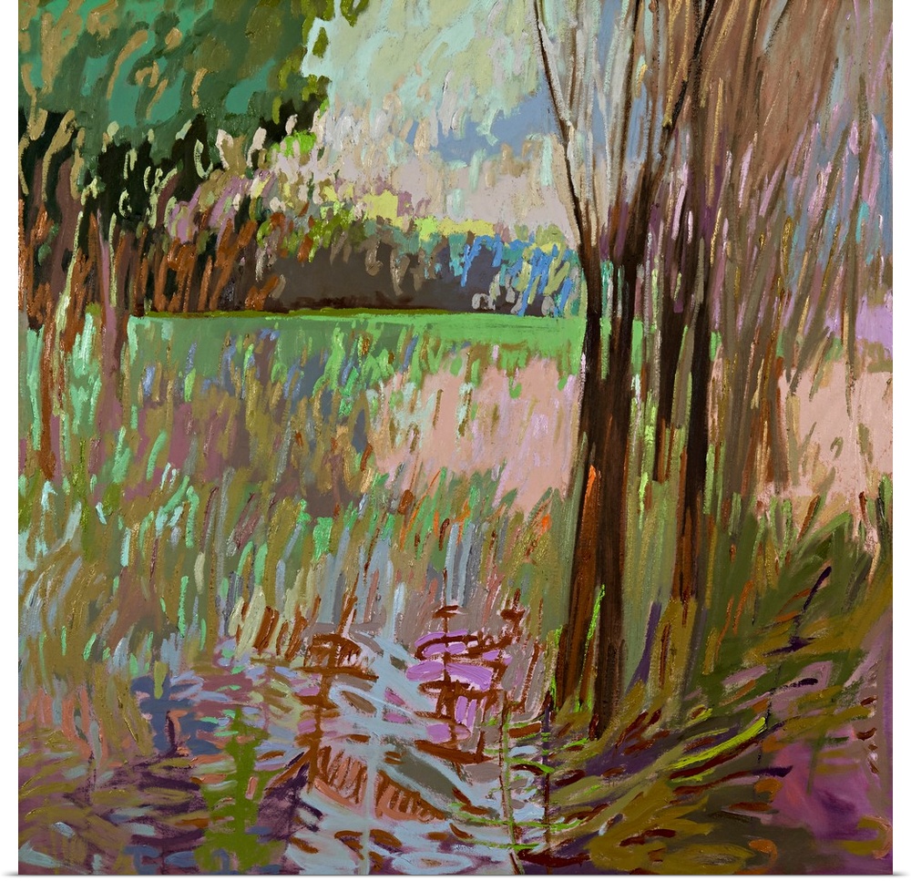 Contemporary landscape painting of a field surrounded by trees.