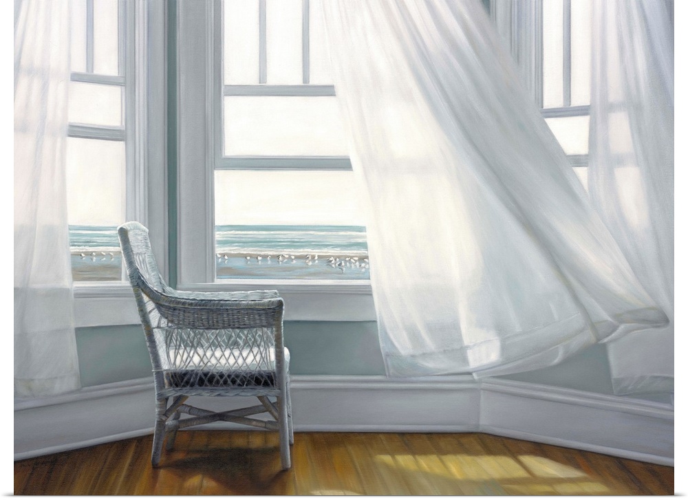Contemporary still life painting of a chair next to an open window with a white curtain and the beach outside.