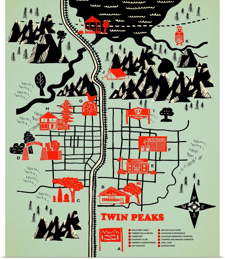 Illustrated map of fictional location Twin Peaks.