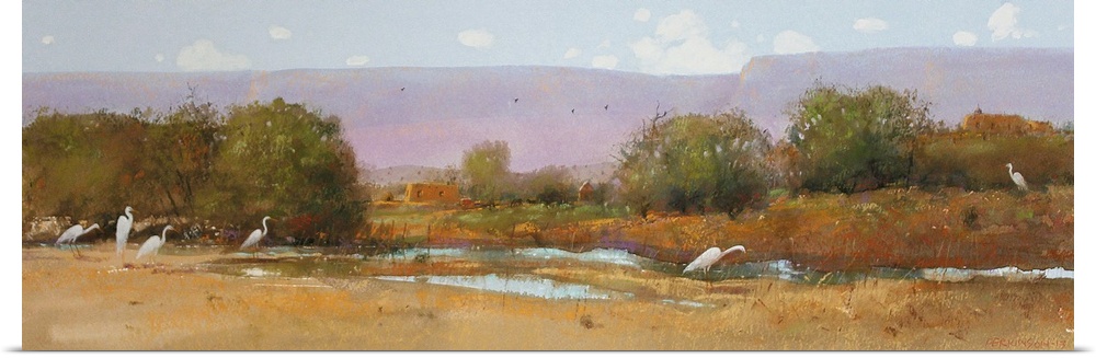 A contemporary painting of a southwestern landscape under a purple sky.
