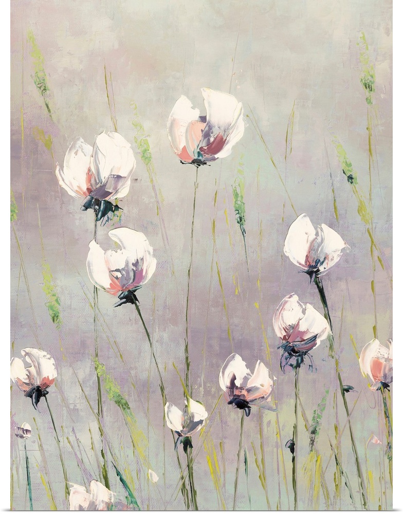 A light, contemporary painting of tall white flowers interspersed with green grasses on a neutral grey background
