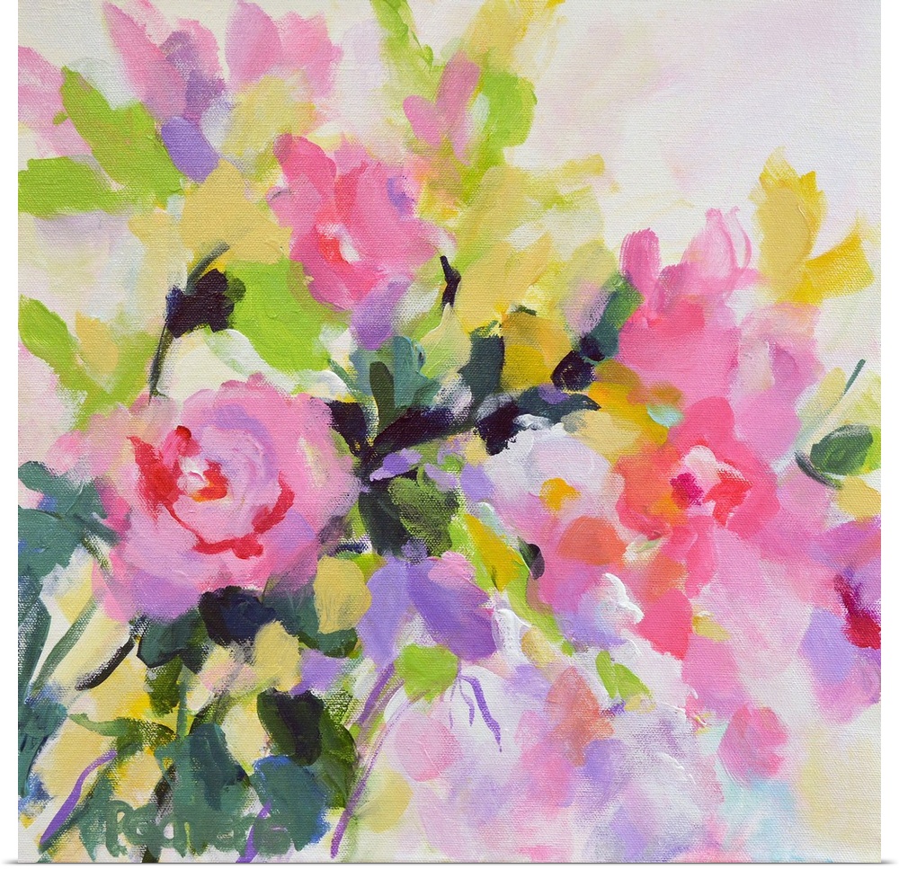 A square contemporary painting of bright roses in pink.
