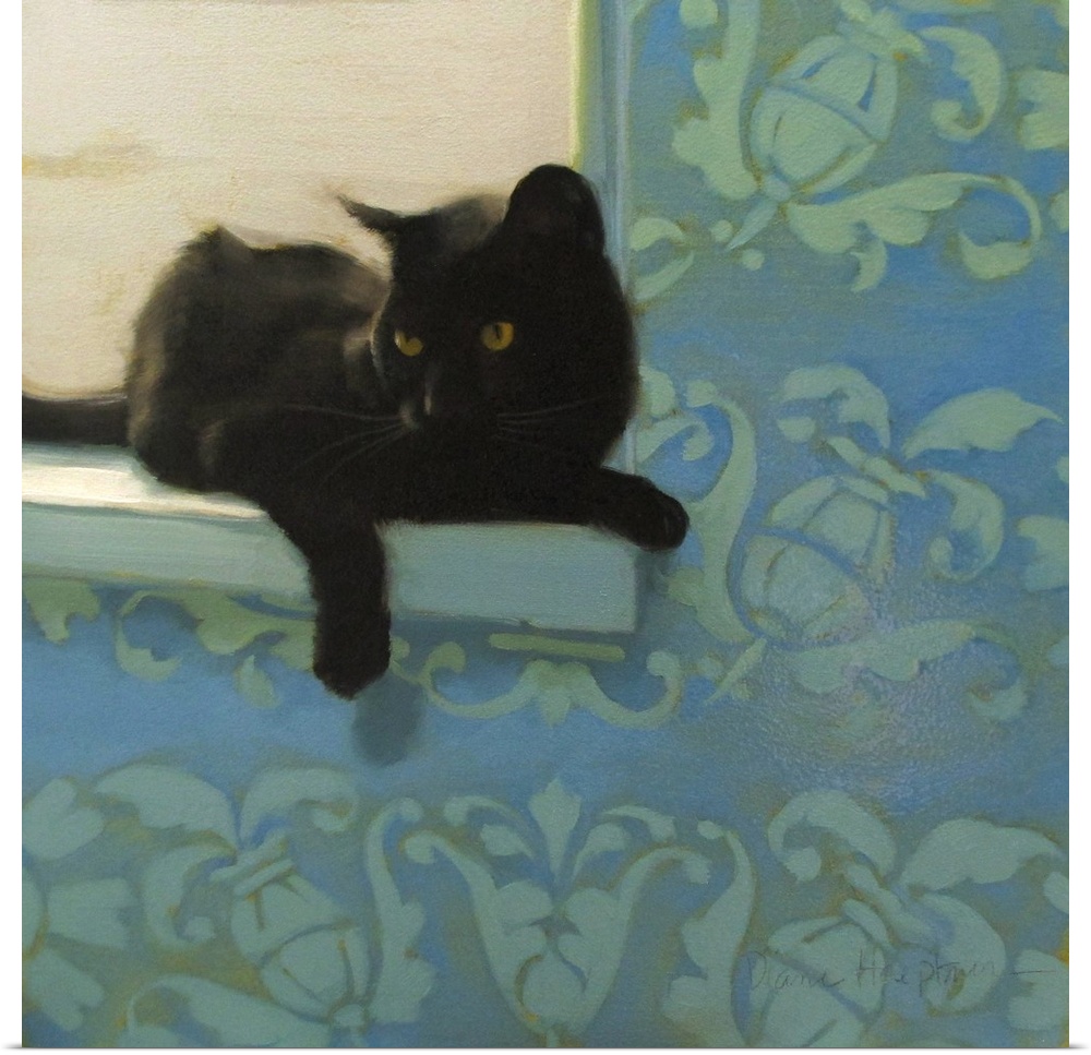 Contemporary painting of a black cat resting on a windowsill.