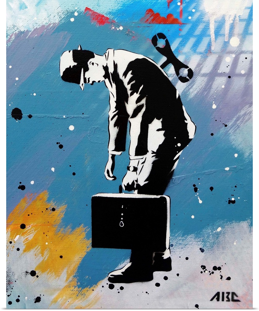 Urban painting of a business man with a wind-up key in his back.
