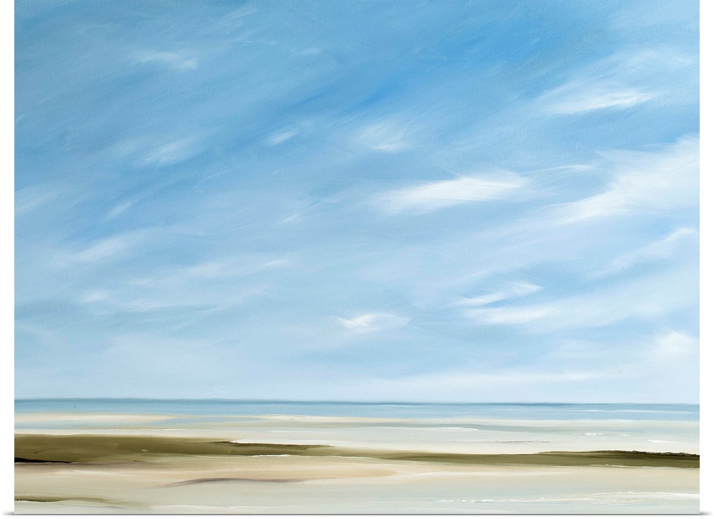 A contemporary painting of a calm beach scene.