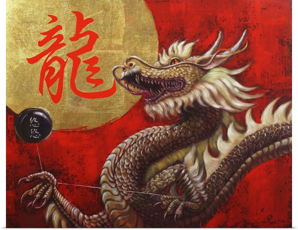 A painting of a chinese dragon against a red background.