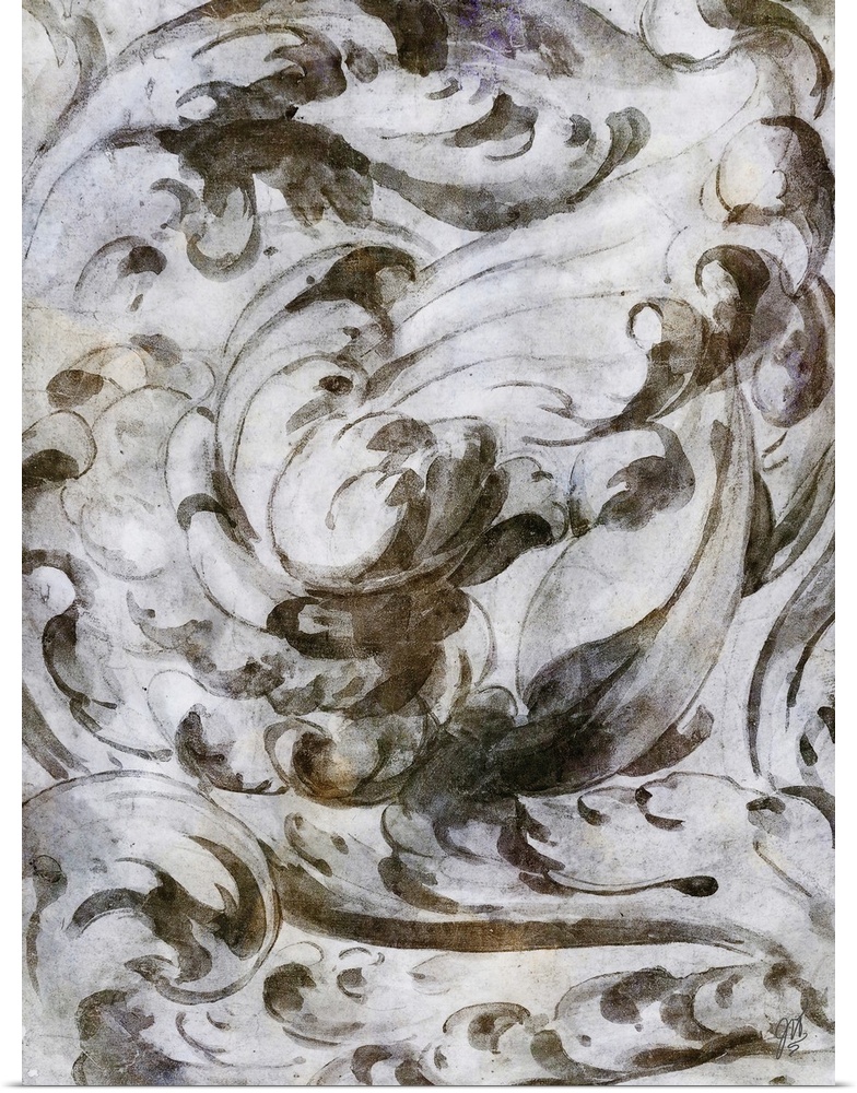 A simple watercolor sketch of a baroque architectural scroll in shades of grey.