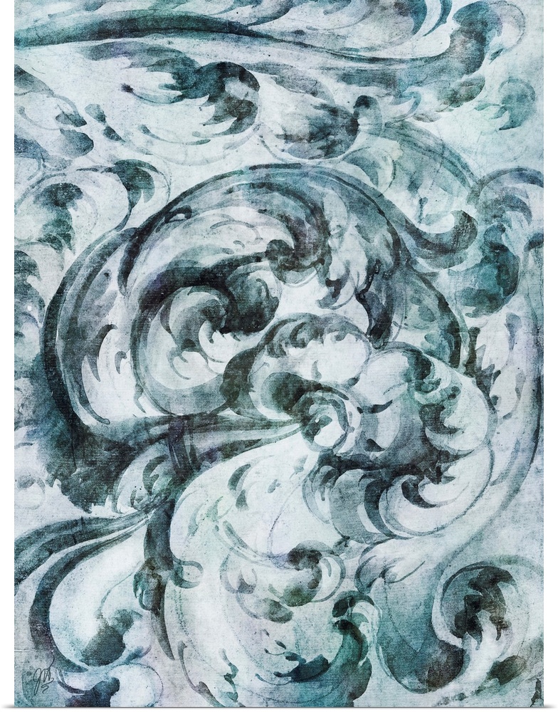 A simple watercolor sketch of a baroque architectural scroll in shades of blue and green.