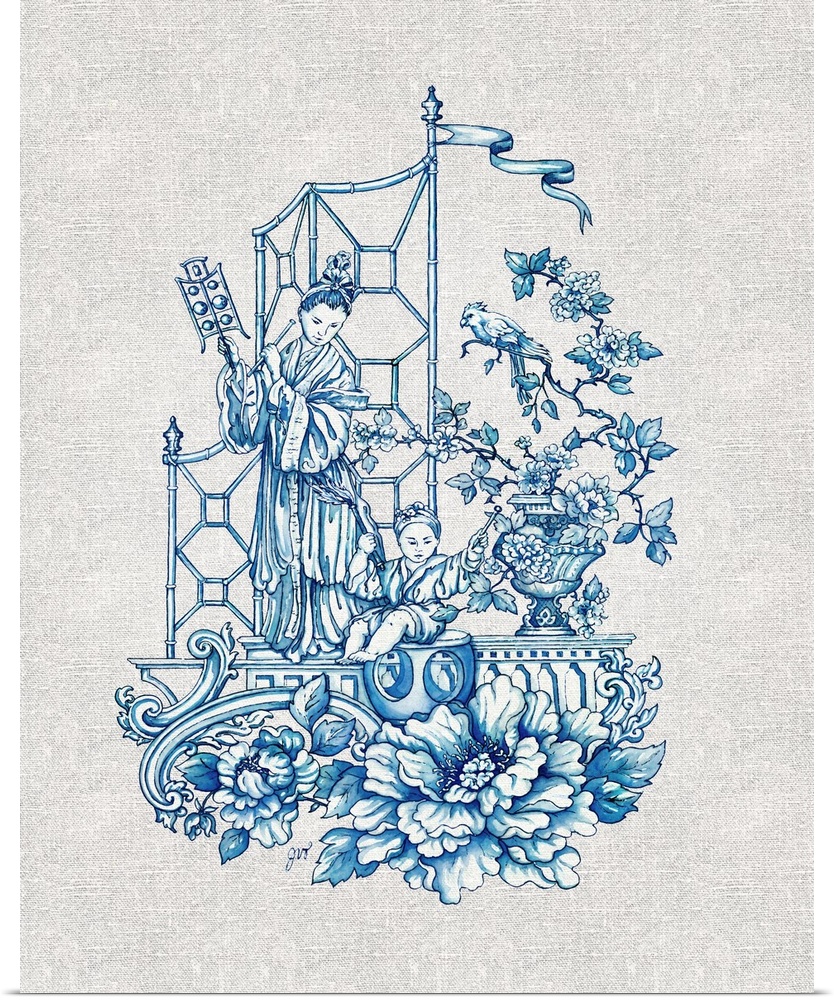 Chinoiserie featuring a woman with birds in blue over a linen background.