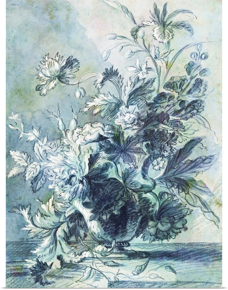 An old world sketch of a floral arrangement in pastel shades of blue and green.