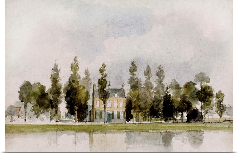 A quaint riverfront estate in the country done in watercolor.