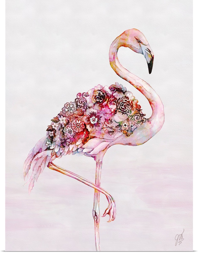 A vibrant pink flamingo with flowers blooming from its back.