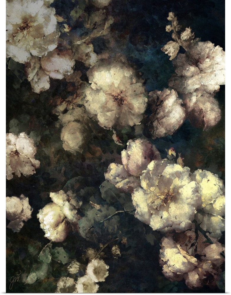 Dreamy white rose blossoms afloat in a forest of dark tones.