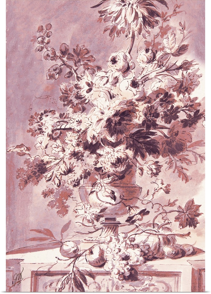An old world sketch of a floral arrangement in subtle shades of rust and pink.