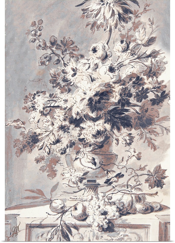 An old world sketch of a floral display in subtle shades of brown and navy blue.