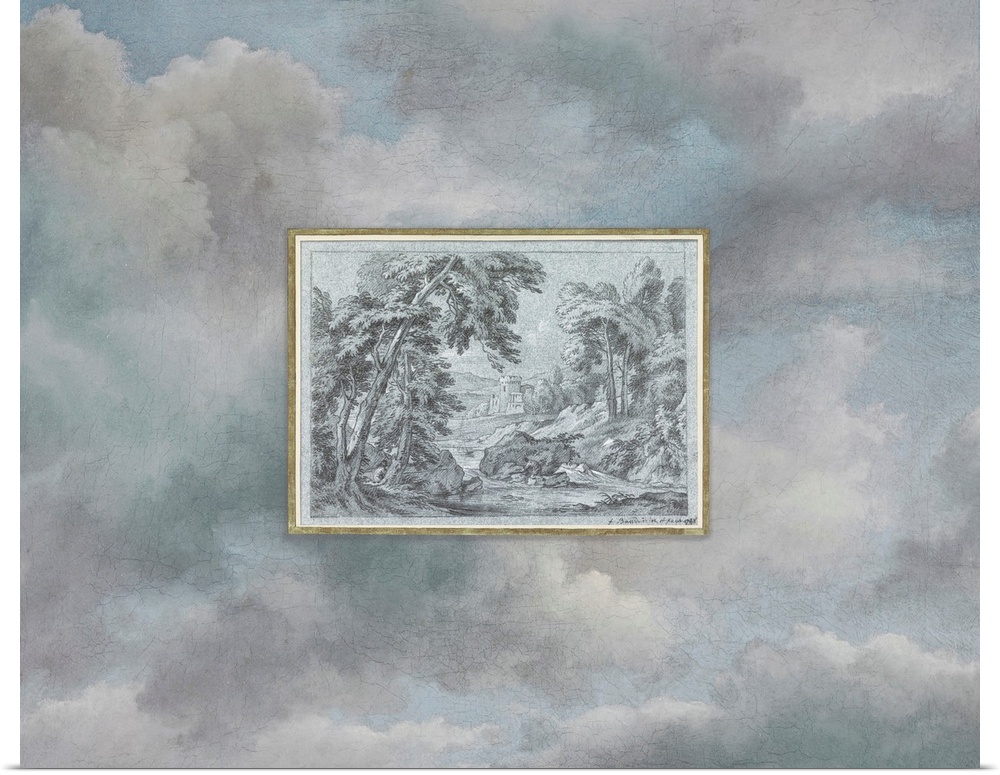 A vintage pastoral print of a castle in the county, framed in gold, floats above an ethereal sky filled with clouds.