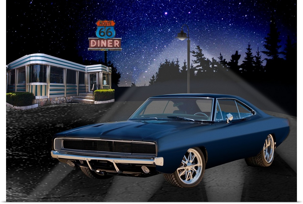 Digital art painting of a classic dark blue sportscar parked outside the Route 66 Diner by Helen Flint.