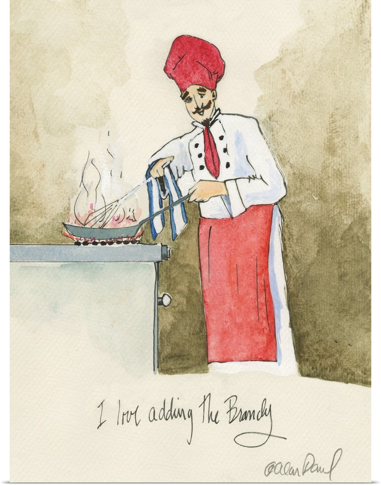 Watercolor painting with pen and ink details of a chef sauteing titled Add the Brandy by Alan Paul.