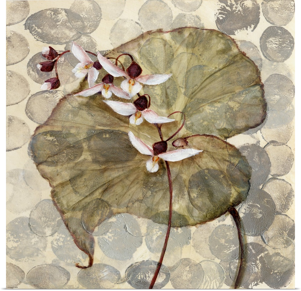 Fine art painting of layered leaves and flowers on a gray patterned background by Amore.