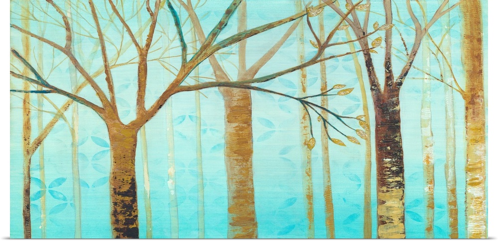 Contemporary artwork of brown trees against a teal background sky.