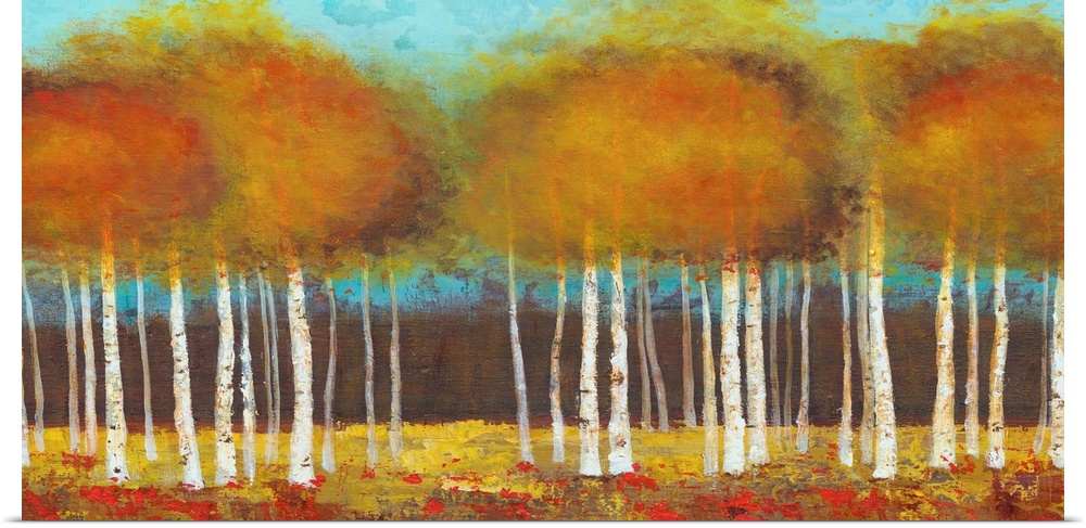 Contemporary painting of brown and orange trees against a teal background sky.