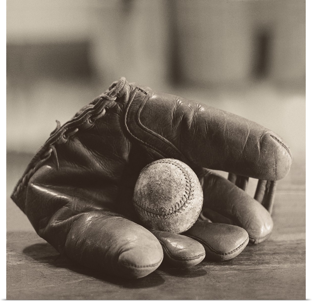 Photograph in sepia tones of a baseball mitt with a baseball by Judy B. Messer.